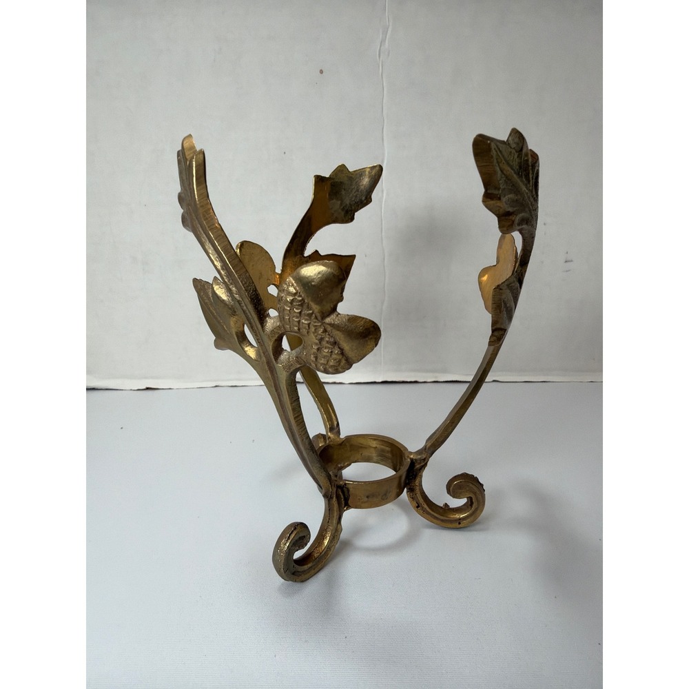 Vtg Brass Plant Stand Orb Display Bowl Holder Acorn And Oak Leaf Regency 6" H